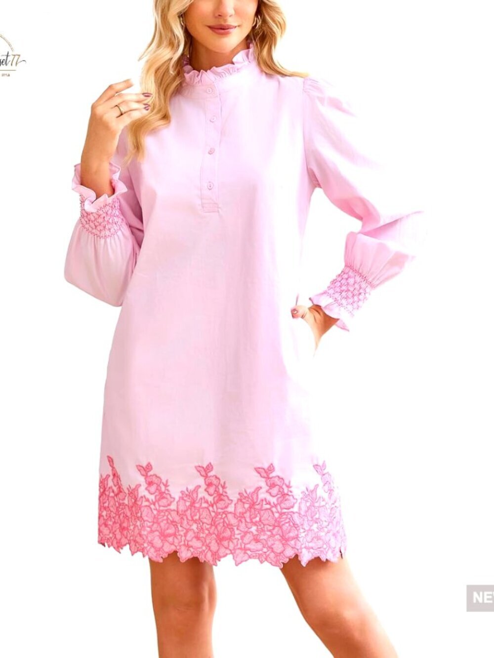 Long Sleeve Embroidered Mini Dress Puff Sleeve Button Front Shift